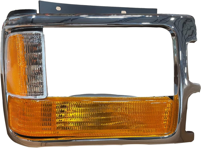 Passenger Side Headlight Bezel – For Use with Composite Lamps – Chrome Finish – Includes Amber and White Park and Signal Lenses – Made of Plastic