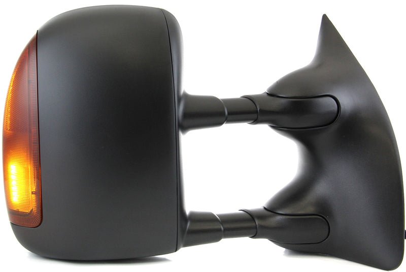 Driver and Passenger Side Towing Mirror, Power, Manual Folding, Heated, Textured Black, In-housing Signal Light, Without memory, Without Puddle Light, Without Auto-Dimming, With Blind Spot Glass