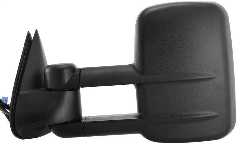 Driver and Passenger Side Towing Mirrors, Power, Heated, Manual Folding, Textured Black, without Signal Light, Telescopic Type, Dual Glass, Flat, Old Body Style | GM1320410,GM1321410