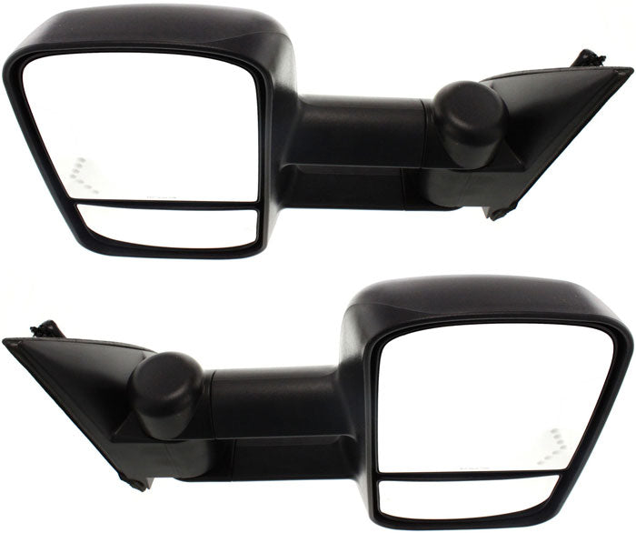 Driver and Passenger Side Towing Mirrors, Power, Heated, Manual Folding, Textured Black, without Signal Light, Telescopic Type, Dual Glass, Flat, Old Body Style | GM1320410,GM1321410
