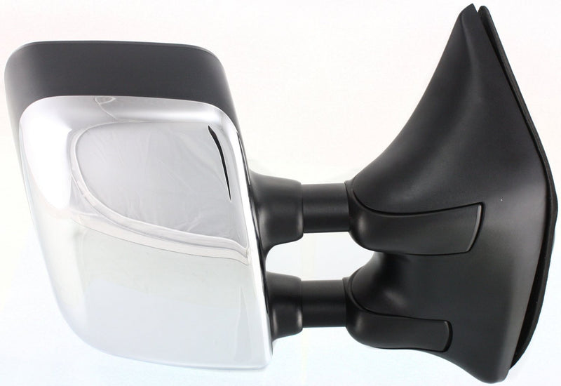 Driver and Passenger Side Towing Mirrors, Power, Heated, Manual Folding, Chrome, with Memory, Black Base, Extends 4 Inches, | NI1320204,NI1321204