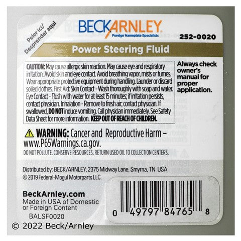 Power Steering Fluid Beck Arnley 252-0020