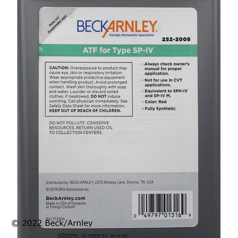 Automatic Transmission Fluid Beck Arnley 252-2008