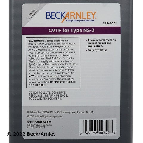 Automatic Continuously Variable Transmission (CVT) Fluid Beck Arnley 252-3001