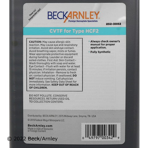 Automatic Continuously Variable Transmission (CVT) Fluid Beck Arnley 252-3002